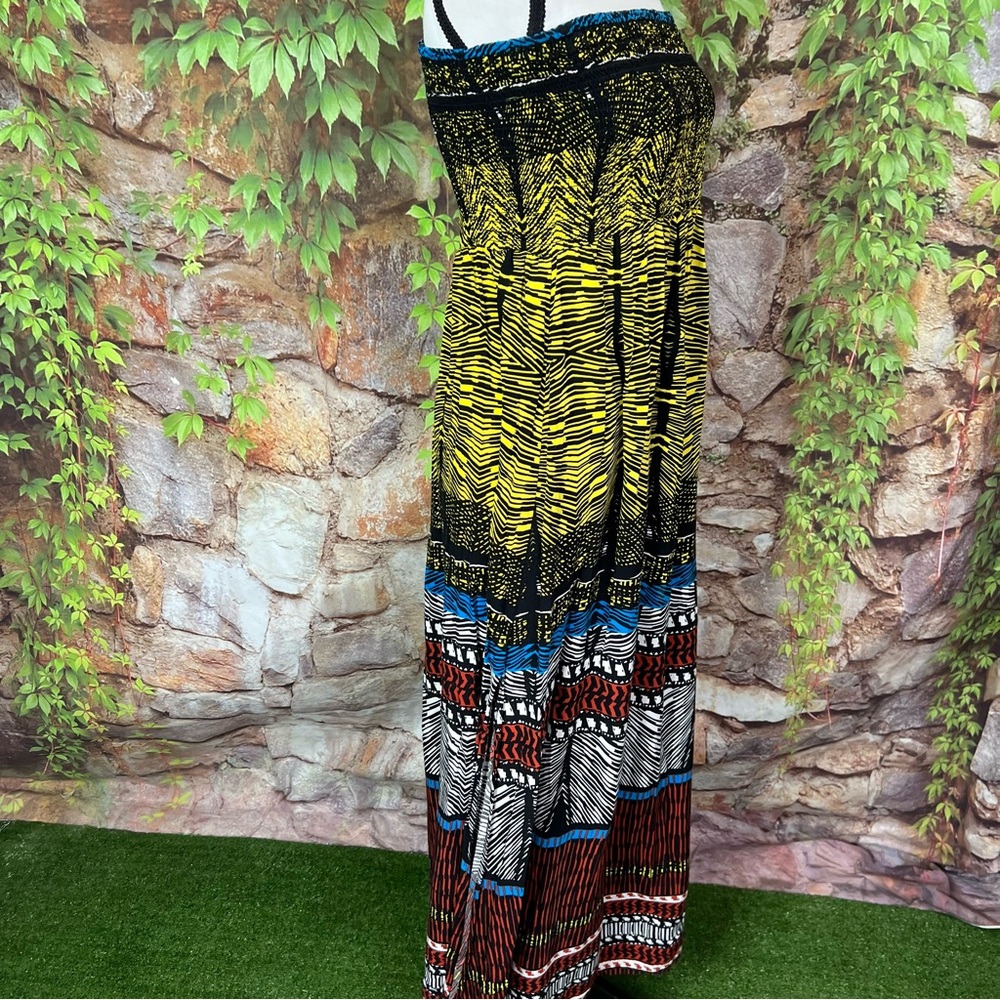 XHILARATION Shirred Strapless Multicolor Block Print Maxi Dress, S - Picture 9 of 11